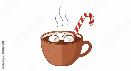 Hot Chocolate with Marshmallows and Candy Cane Vector Illustration