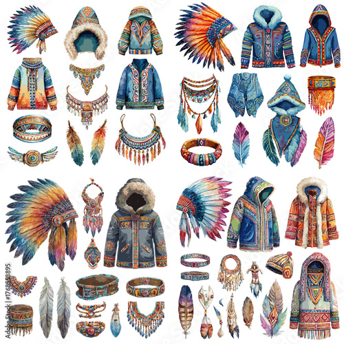 Bohemian and tribal fashion illustration set with feathers, jackets, jewelry, and headdresses in watercolor style. Ideal for fashion design, boho art, and creative decoration projects.