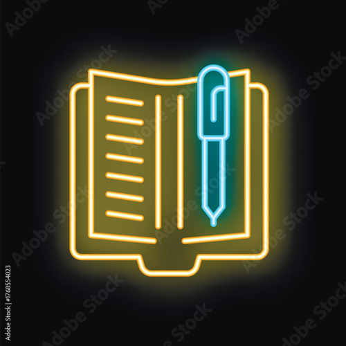 Glowing neon icon of open notebook with pen for writing and note taking, isolated vector illustration on black background