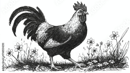 A black and white linocut illustration of a rooster standing on grass.  
