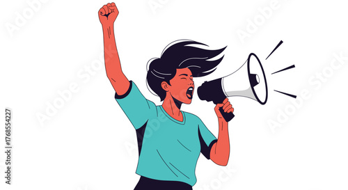 Illustration of a woman with a raised fist and a megaphone, symbolizing protest or announcement.