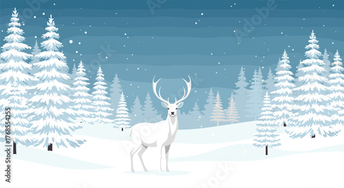 A majestic white stag stands in a snow-covered forest under a starry winter sky.