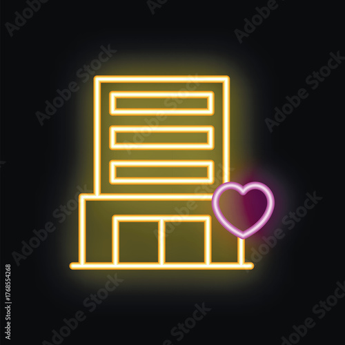 Neon sign of an office building with a heart representing the love for work