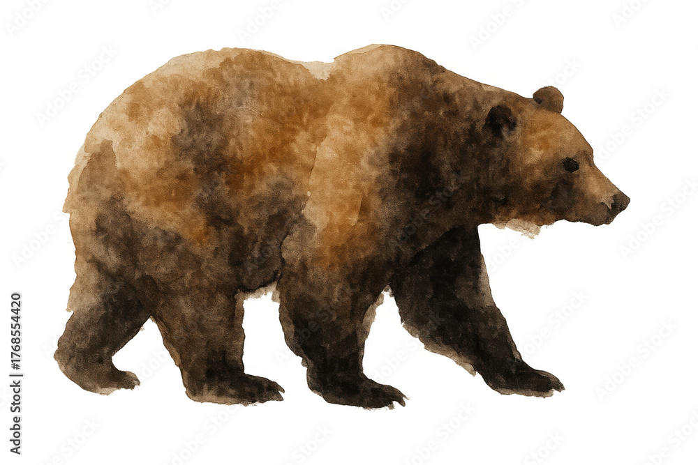 Fototapeta premium Brown bear walking in watercolor style, grizzly wildlife painting, forest animal illustration with transparent background