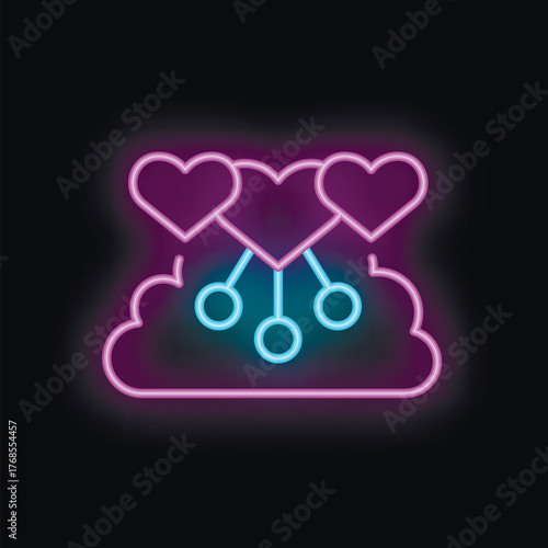 Neon icon of hearts connected to a cloud computing system, symbolizing the power of love and technology