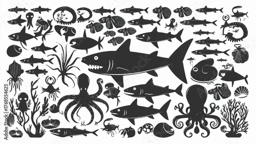 A black and white silhouette illustration of various marine life and sea creatures arranged in a scattered pattern against a white background.  
