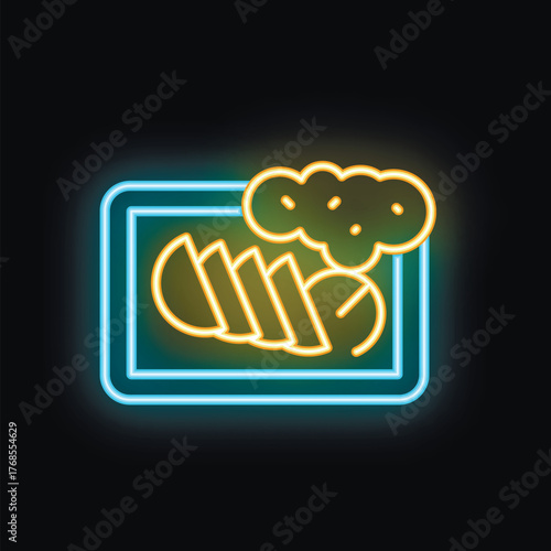 Neon sign depicting sliced bread baking in an oven, emitting a warm, inviting glow against a dark background