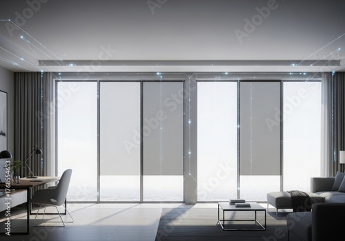 Modern living room with large sliding glass doors and minimalist furniture design