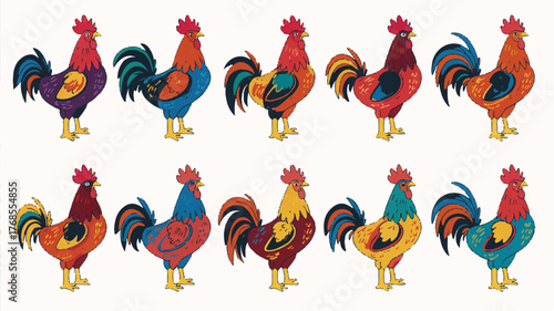 A colorful digital illustration of twelve stylized roosters arranged in two rows of six 
