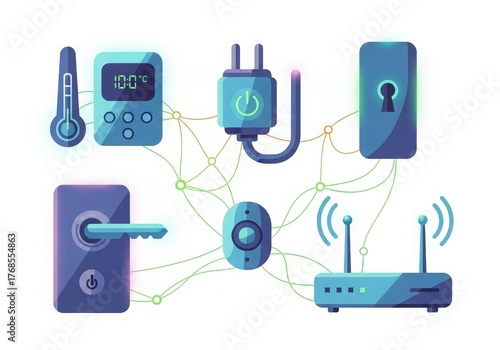 Smart home devices and iot network with thermostat, lock, plug, router, and sensors connected wirelessly