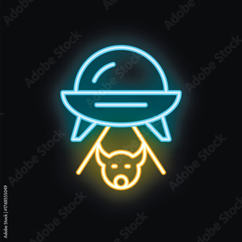 Neon icon of ufo using tractor beam to abduct a cow