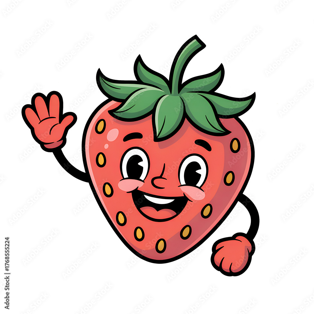 Obraz premium Happy Strawberry Cartoon Character Waving – Cute Kawaii Fruit T-Shirt Design