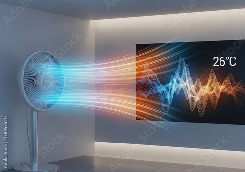 Modern air conditioner cooling a room with visual temperature display of 26 degrees celsius
