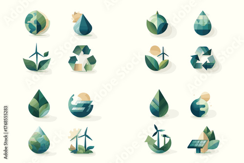 Eco and sustainability icon set with leaves, water drops, and recycling symbols. Perfect for environmental projects, renewable energy, and green lifestyle graphic design.