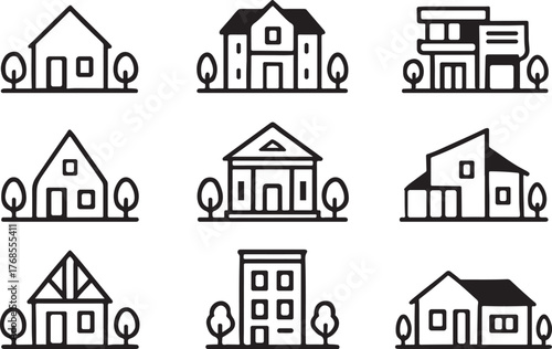 Minimalist line art house collection featuring diverse architectural styles and tree accents perfect for property branding and real estate concepts