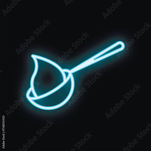 Blue neon icon of a ladle pouring liquid on a black background
