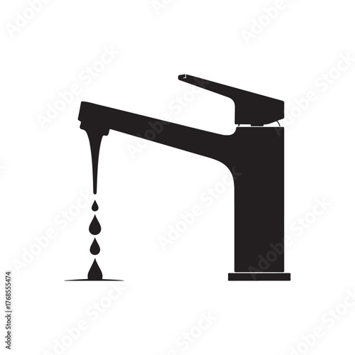 Black faucet with a waterdrops silhouette vector flat illustration design