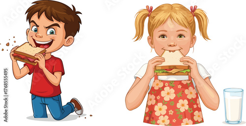 Children eating sandwiches, cartoon style, joyful snack moment, casual meal scene, nutrition theme, playful crumbs, milk glass, childhood food joy