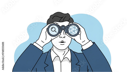 Businessman with binoculars searching for data, a concept of business vision and market analysis
