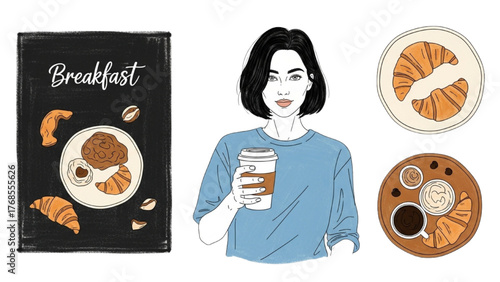Concept of a Refreshing Morning Breakfast with Hand-Drawn Woman, Coffee, and Pastries