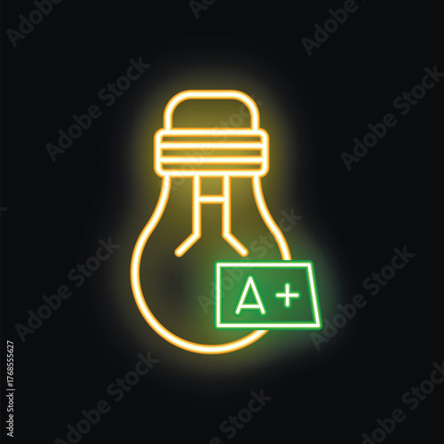 Glowing neon lightbulb is shining with an a plus symbol, representing the concept of academic excellence and achieving top marks