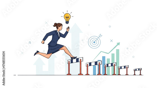 Businesswoman overcoming obstacles on a career path with a bright idea