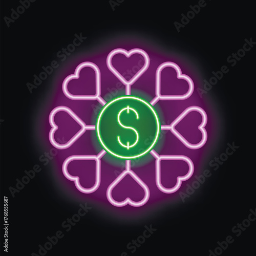 Glowing neon icon using hearts surrounding a dollar sign, representing the love of money