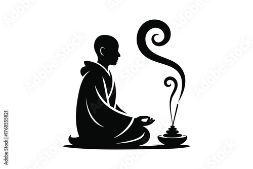 Meditating Monk Silhouette with Incense Smoke