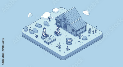 Minimalist isometric illustration depicting a serene outdoor retreat with two individuals finding peace and mindfulness in a natural setting beside a cozy home, fostering calm and well-being