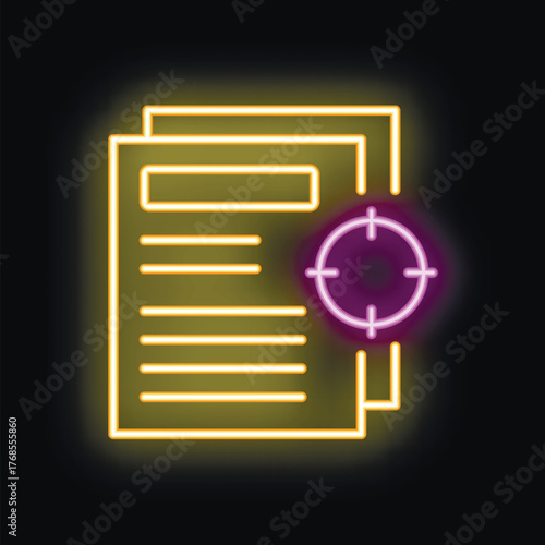 Glowing neon icon of a target aiming at documents, symbolizing a focused and efficient workflow