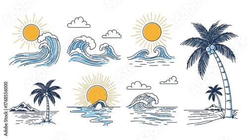 Hand-drawn line art collection of summer ocean scenes with sun, waves, and palm trees