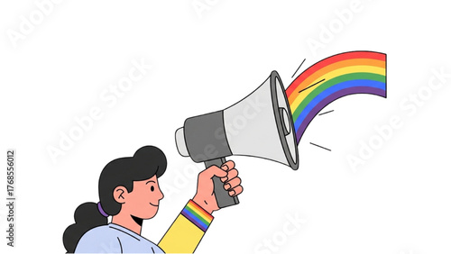 A person with a rainbow wristband shouts a message of pride and support through a megaphone