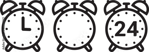 Alarm clock icons collection simple outline design representing time schedule planning alerts and 24 hour service