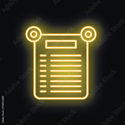 Glowing neon icon of an ancient scroll with empty lines on a black background