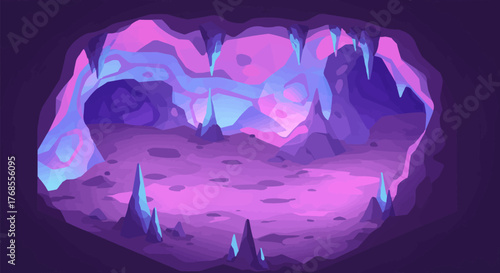Vibrant abstract illustration of a mysterious underground cave. Bioluminescent pink, purple, and blue light glows, illuminating surreal stalactites and stalagmites in a fantasy world