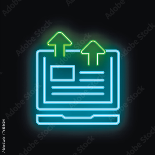Neon icon of a laptop showing uploading data with up arrows on a black background
