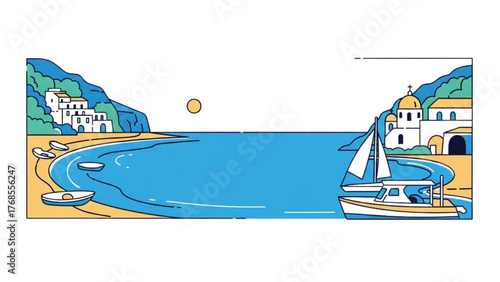 Coastal Serenity A Tranquil Illustration of Boats, Buildings, and the Sea