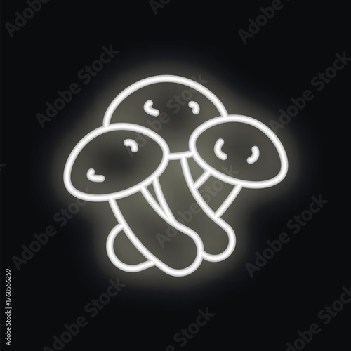 White neon sign is depicting three mushrooms with glowing white outlines on a black background