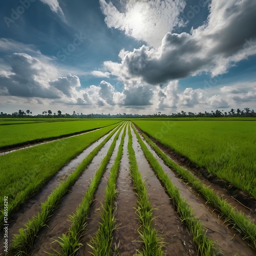 Green Rice Field and Cloudy Sky in Rural Countryside — Sustainable Agriculture Concept Photo