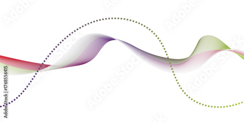 Colorful gradient wave pattern with smooth and dotted curves blending green, violet, and red hues on a white background, expressing movement, creativity, and futuristic design aesthetics.