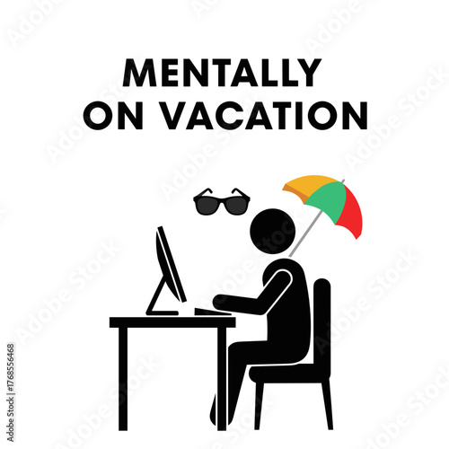 Person working at desk with umbrella and sunglasses symbolizing vacation  