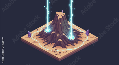 Isometric illustration of a stylized volcanic landscape featuring twin peaks, powerful blue energy beams striking from the sky, illuminating a mystical path on the arid ground