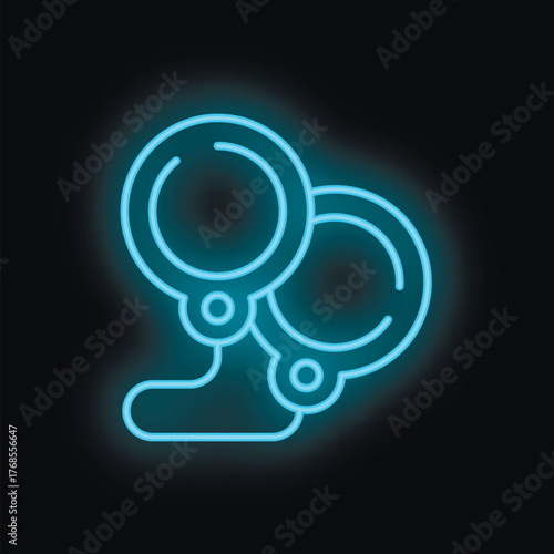 Blue neon icon of a pair of handcuffs glowing on a dark background