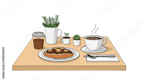 Breakfast scene with coffee, pastry, plants, and a pleasant, cozy atmosphere