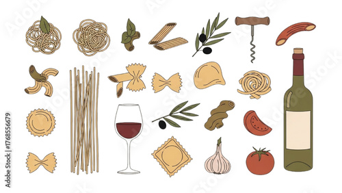 A charming hand-drawn collection of classic Italian food ingredients, pasta varieties, and culinary accessories for authentic cooking