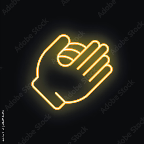 Yellow neon icon of hand holding small ball glowing on dark background