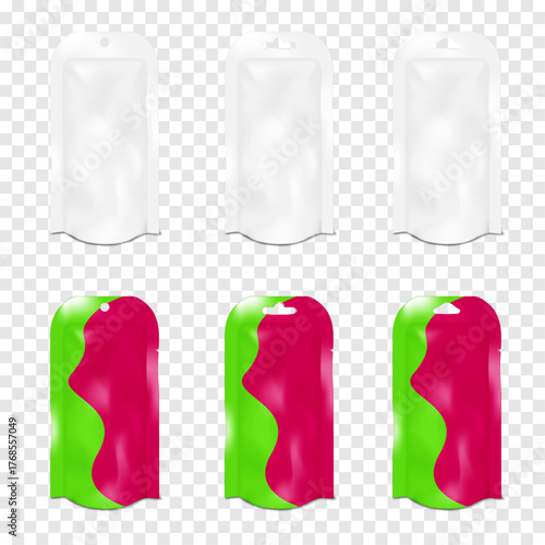 Tear notch stand-up pouch with various hanging hole slots. Realistic 3d vector mockup set. White and color design. Easy editable. Bottom gusseted sachet packet package. Mock-up. Standup plastic bag