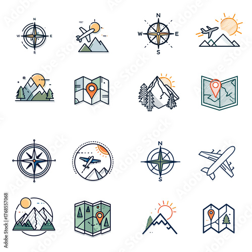 Set of travel and adventure icons including mountains, maps, compass, and airplane. Ideal for navigation apps, outdoor blogs, travel branding, or tourism web design.