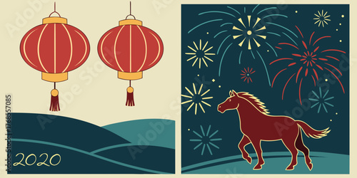 Christmas greeting card with horse and reindeer in winter snow illustration