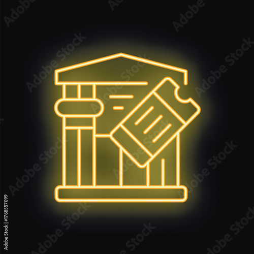 Neon sign representing museum or theatre ticket office with glowing ticket
